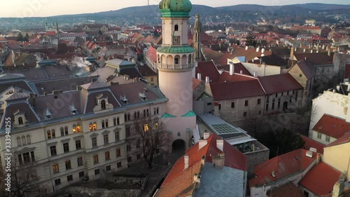 Aerial video of medieval Sopron with fire tower