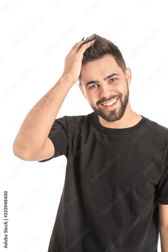 Handsome man with healthy hair on white background Handsome man with healthy hair on white background