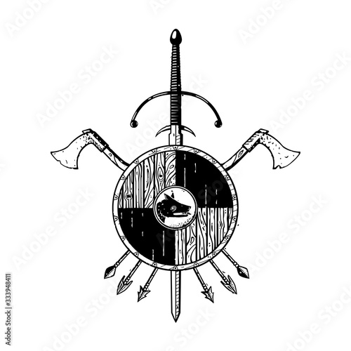 Vector design of a hand drawn medieval coat of arms. Includes: axes, wood shield with wolf head, arrows, long sword. Themes: Middle Ages, medieval times, warrior, clan emblem, adventure gear, quest.