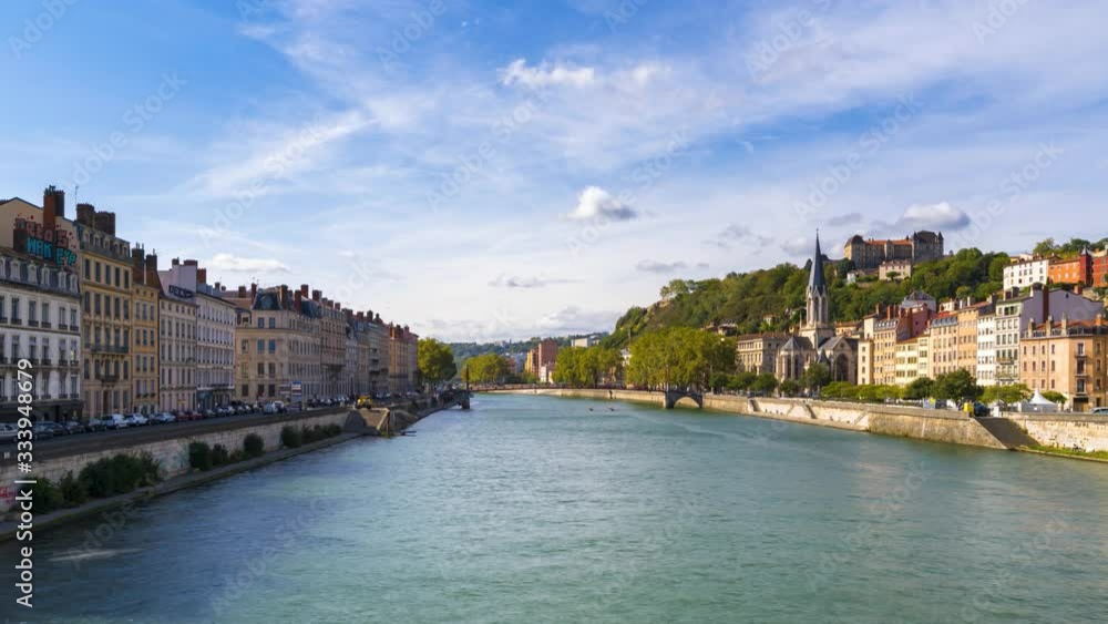 Lyonold town view river and bridge church france city time lapse Lyonold town view river and bridge church france city time lapse