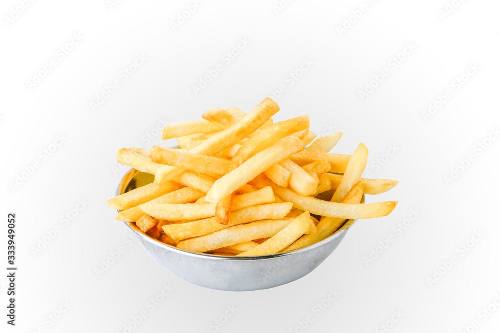 Delicious French fries on a separate stainless steel cup on a white background. Delicious French fries on a separate stainless steel cup on a white background.