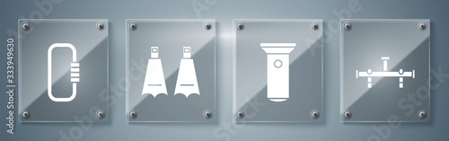 Set Manifold, Flashlight, Rubber flippers for swimming and Carabiner. Square glass panels. Vector