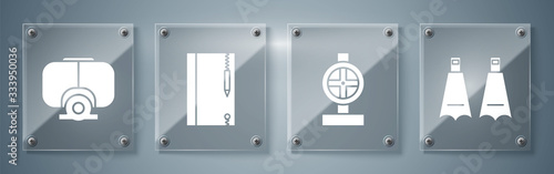 Set Rubber flippers for swimming, Industry metallic pipes and valve, Underwater note book and pencil and Diving mask. Square glass panels. Vector