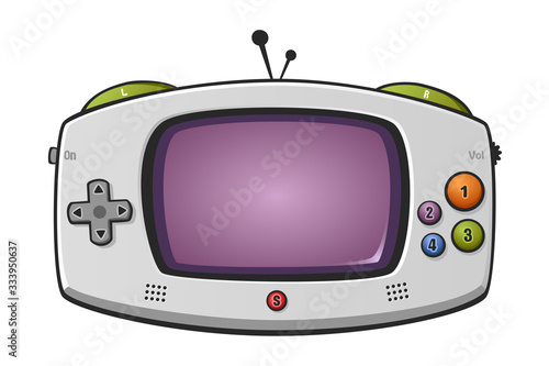 Vector cartoon drawing of a retro portable gaming console isolated on white. Can represent video games, retro technology, 80s toys, portable entertainment, electronic products for kids, old devices an