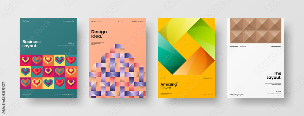 Fototapeta premium Business presentation vector A4 vertical orientation front page mock up set. Corporate report cover abstract geometric illustration design layout bundle. Company identity brochure template collection.