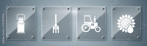 Set Sunflower, Tractor, Garden rake and Can container for milk. Square glass panels. Vector