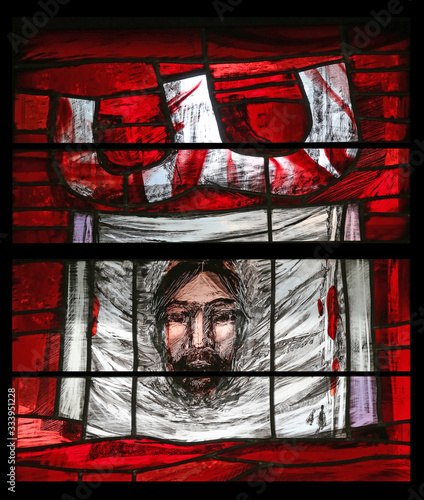 Dying and death, stained glass window by Sieger Koder in Chapel in the Jesuit cemetery in Pullach, Germany photo