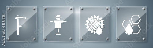 Set Honeycomb, Sunflower, Scarecrow and Scythe. Square glass panels. Vector