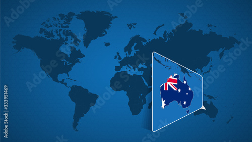 Detailed world map with pinned enlarged map of Australia and neighboring countries.
