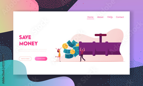 People Create Finance Capital, Wealth and Investment, Money Flow Landing Page Template. Tiny Characters Open Huge Pipe with Dollar Bills and Golden Coins Streaming Out. Cartoon Vector Illustration