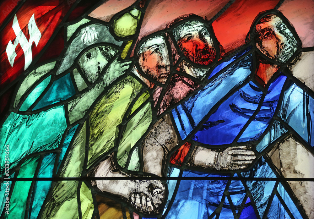 Come, Follow me, detail of stained glass window by Sieger Koder in Chapel in the Jesuit cemetery in Pullach, Germany