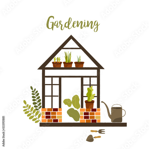 Gardening, green house with plants isolated composition, caring for sprouts, hobby flat cartoon vector illustration.