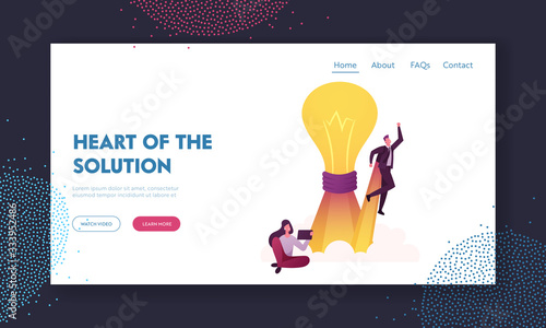 Characters Creativity Think Outside Landing Page Template. Woman Sitting with Tablet Pc, Businessman Take Off with Rocket Engine front of Huge Glowing Light Bulb. Cartoon People Vector Illustration