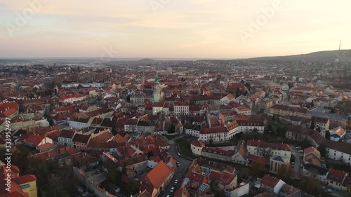 Aerial video of medieval Sopron with fire tower