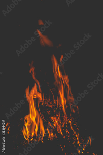 dark background bonfire from branches in the fireplace . flame and sparks.