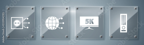 Set Video game console, Monitor display with 5k video, Global technology or social network and Remote control. Square glass panels. Vector