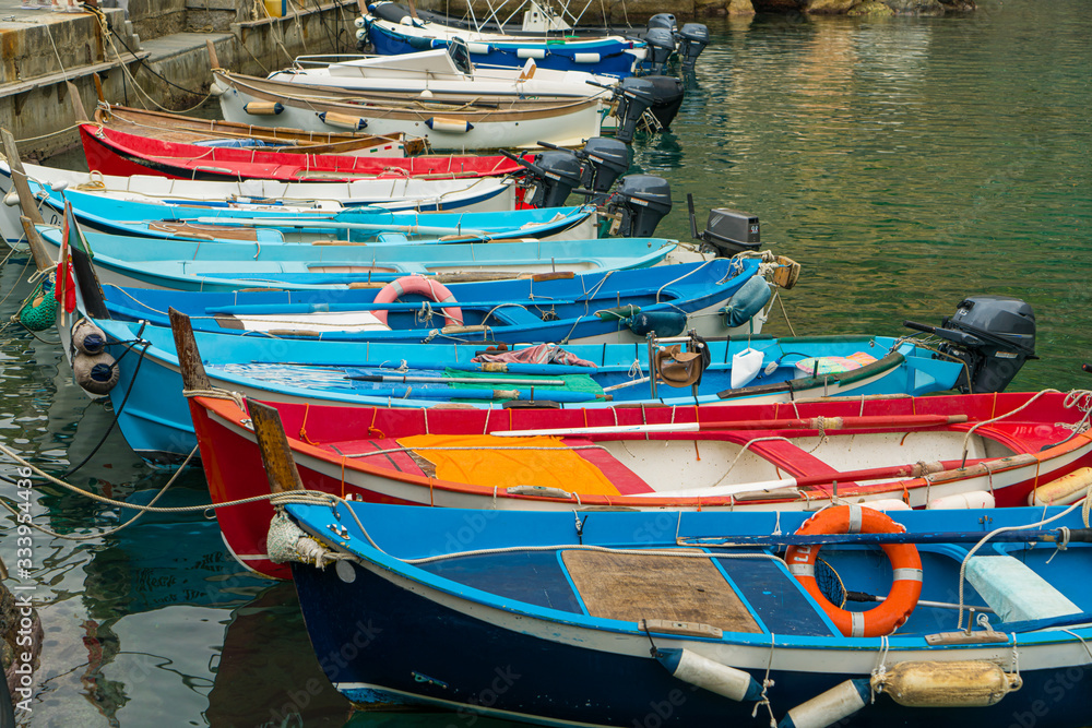 Small colorful fisherman boats park at the pier in Manarola town, Cinque terre, Italy