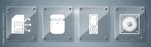 Set Computer cooler, Music player, Air headphones in box and Sim card. Square glass panels. Vector