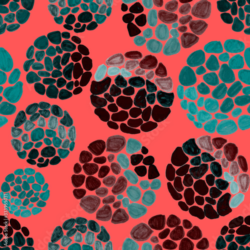 Creative seamless pattern with hand drawn circles with spots and triangles. G...