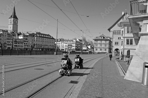 Zürich/Switzerland: The famous Limmatquai is alsmost empty due to Covid19 Virus Log down. The handicaped people like it photo