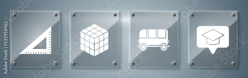 Set Graduation cap in speech bubble, School Bus, Rubik cube and Triangular ruler. Square glass panels. Vector