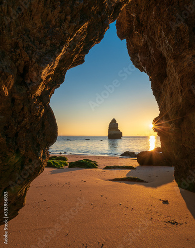 Sunrise from a natural cave in Algarve