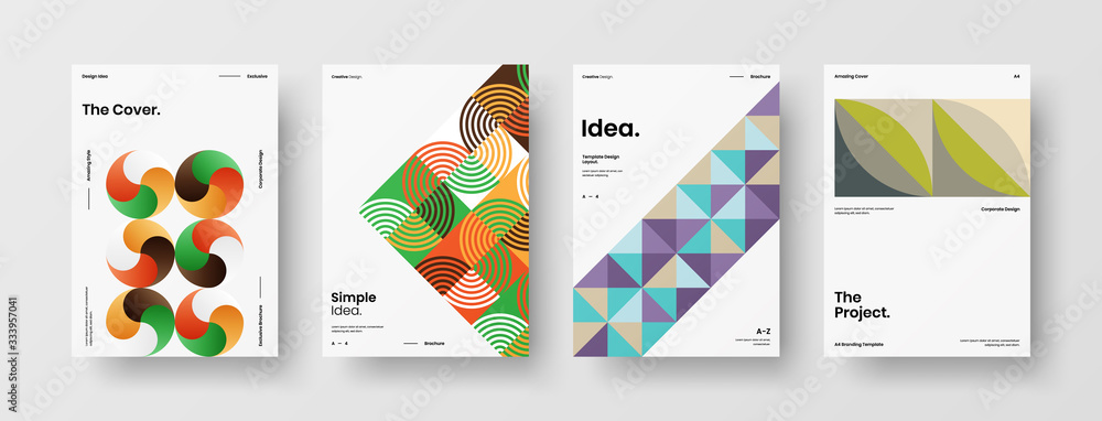 Business presentation vector A4 vertical orientation front page mock up set. Corporate report cover abstract geometric illustration design layout bundle. Company identity brochure template collection. Business presentation vector A4 vertical orientation front page mock up set. Corporate report cover abstract geometric illustration design layout bundle. Company identity brochure template collection.