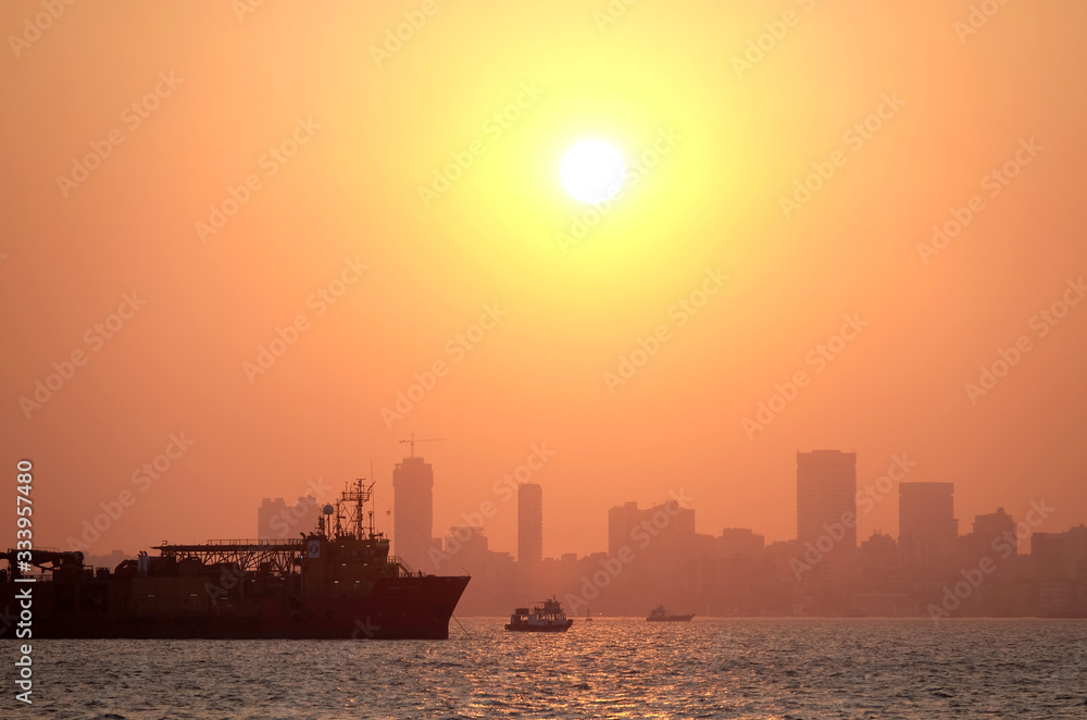 Mumbai downtown sunset cityscape, India