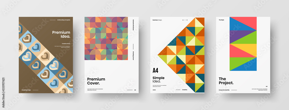 Business presentation vector A4 vertical orientation front page mock up set. Corporate report cover abstract geometric illustration design layout bundle. Company identity brochure template collection. Business presentation vector A4 vertical orientation front page mock up set. Corporate report cover abstract geometric illustration design layout bundle. Company identity brochure template collection.