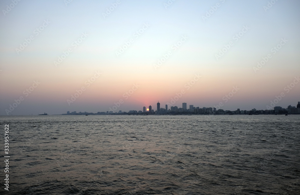 Naklejka premium Mumbai downtown sunset cityscape, India