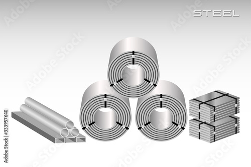 Steel coil, sheets, pipe for industries, construction, isolated illustration