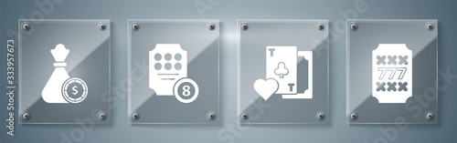 Set Slot machine with lucky sevens jackpot, Playing card with clubs symbol, Online slot machine and Money bag and casino chips. Square glass panels. Vector