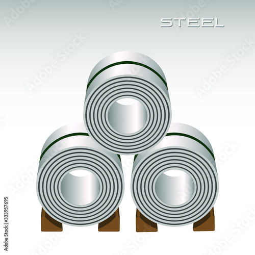 Steel sheet in coil, 3 rolls stacking, icon logo metal sheet industries, 3D isolated vector