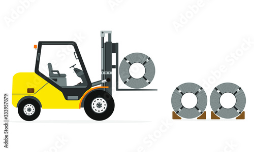 Forklift is moving rolled steel coil, vector icon