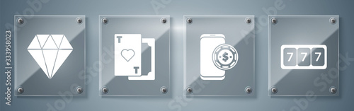 Set Slot machine with lucky sevens jackpot, Online poker table game, Playing card with heart and Diamond. Square glass panels. Vector