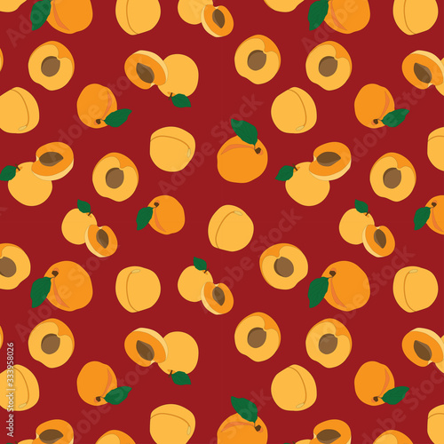 Fototapeta Naklejka Na Ścianę i Meble -  hand drawn seamless apricot fruit and sliced pattern on red background. repeating fruit pattern with fruit and leaves.