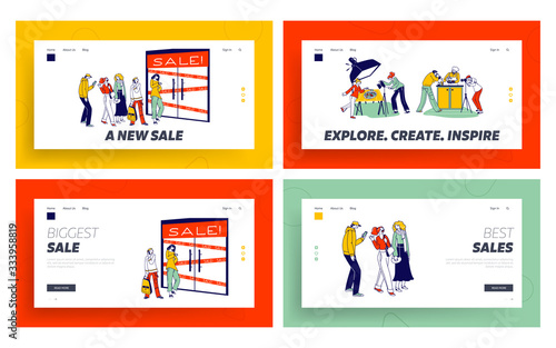 Sale, Discount and Special Offer. Food Photographer Job Landing Page Template Set. People Stand in Queue Waiting Shop Doors Opening. Characters Make Meal Photo for Cafe Ad. Linear Vector Illustration