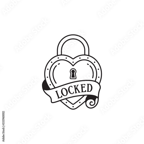Old school tattoo emblem label with heart lock symbol and wording locked. Traditional tattooing style ink.