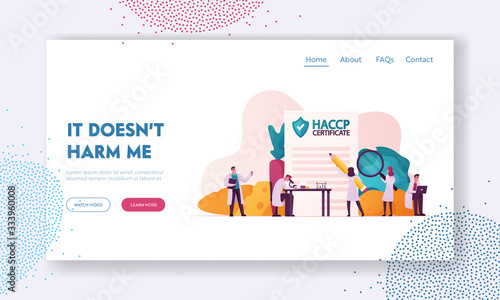 Haccp Hazard Analysis and Critical Control Point Landing Page Template. Lab Quality Control Management Rules for Food Industry. Tiny Characters with Microscope. Cartoon People Vector Illustration