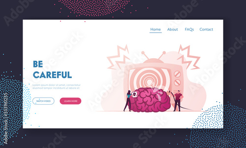 Mass Media Propaganda and Manipulation Landing Page Template. People Characters with Hose and Brush Washing Huge Brain on Tv Screen. Brainwashing and False Information. Cartoon Vector Illustration