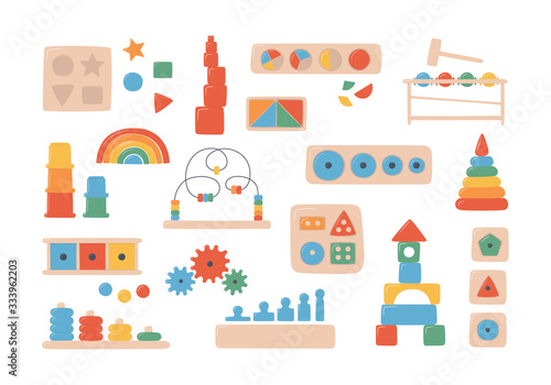 Education logic toys for Montessori games. Children wooden toys for preschool kids. Montessori system for early childhood development. Multicolored sorters. Set of vector objects on white background