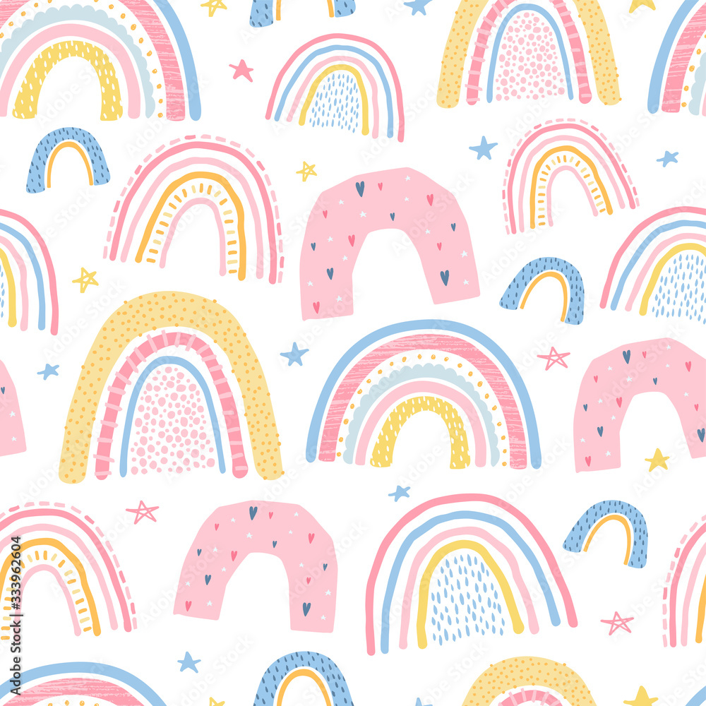 Cute, delicate seamless pattern with a rainbow on a white background in pastel color. Illustration for children's room design, Wallpaper, textiles, fabric, packaging paper. Vector Cute, delicate seamless pattern with a rainbow on a white background in pastel color. Illustration for children's room design, Wallpaper, textiles, fabric, packaging paper. Vector