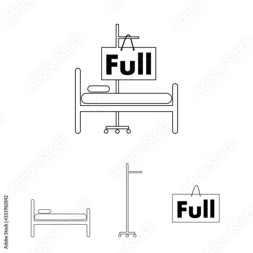 Symbol of a full bed hospital. Consists of the bed of the patient, a hanging brine rack and a sign showing the message "Full". Vector flat design icon.