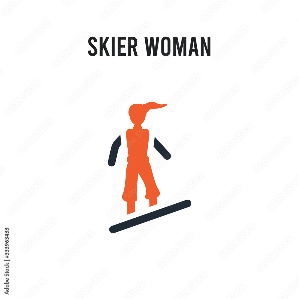 Skier Woman vector icon on white background. Red and black colored Skier Woman icon. Simple element illustration sign symbol EPS