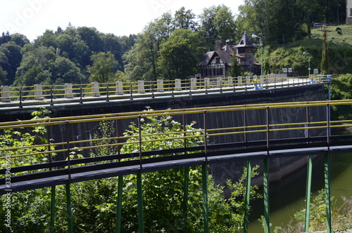 Dam and power plant together with buildings over Lesna Lagoon in Poland  close to Gryf  w   l  ski.