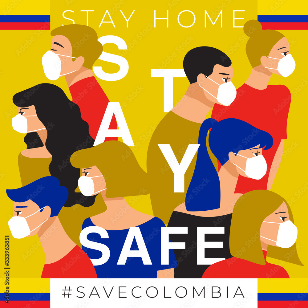 Set of men and women wearing medical mask preventing air pollution and virus with national flag : Stay home, stay safe poster layout : Vector Illustration Set of men and women wearing medical mask preventing air pollution and virus with national flag : Stay home, stay safe poster layout : Vector Illustration