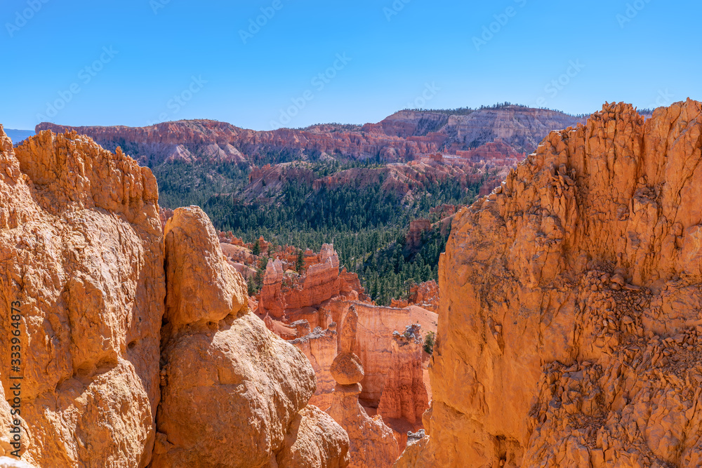 View of amazing hoodoos sandstone formations in scenic Bryce Canyon National Parkon on a sunny day. Utah, USA