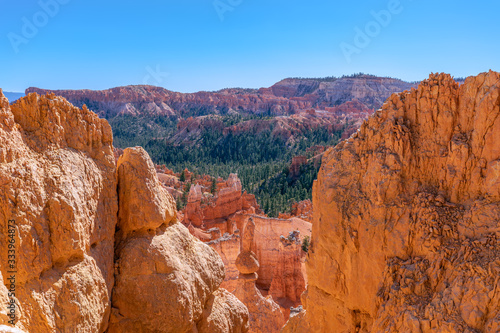 View of amazing hoodoos sandstone formations in scenic Bryce Canyon National Parkon on a sunny day. Utah  USA