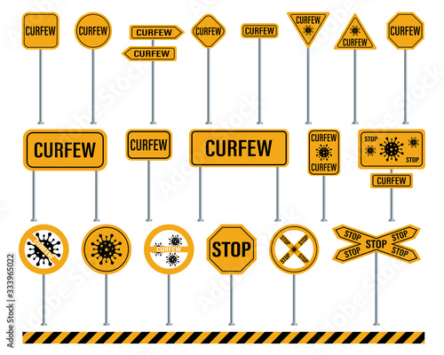 Curfew warning road signs. Set of road signs. Covid-19 sign isolated. Vector illustration