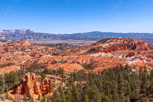 Panoramic view of amazing hoodoos sandstone formations in scenic Bryce Canyon National Parkon on a sunny day. Utah, USA